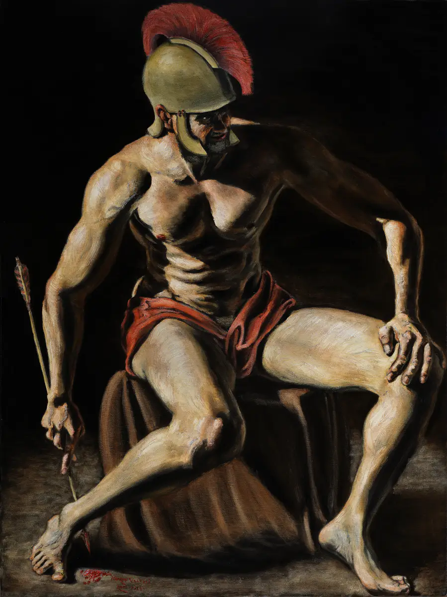 The Inevitable End | Marek Valovič . 80 x 60 cm | Oil on Linen | 2024 . Pure earth pigment glazing without white, Visible texture, Traditional Gesso, RSG, Chiaroscuro technique.