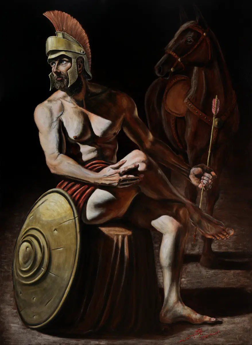 The Fall of Achilles | Marek Valovič . 150 x 110 cm | Oil on Linen | 2024 . Baroque tenebrism, lead litharge. Hand-primed linen, traditional gesso, flemish black oil with lead litharge, sun-thickened linseed oil, handmade pigments, Bratislava artist