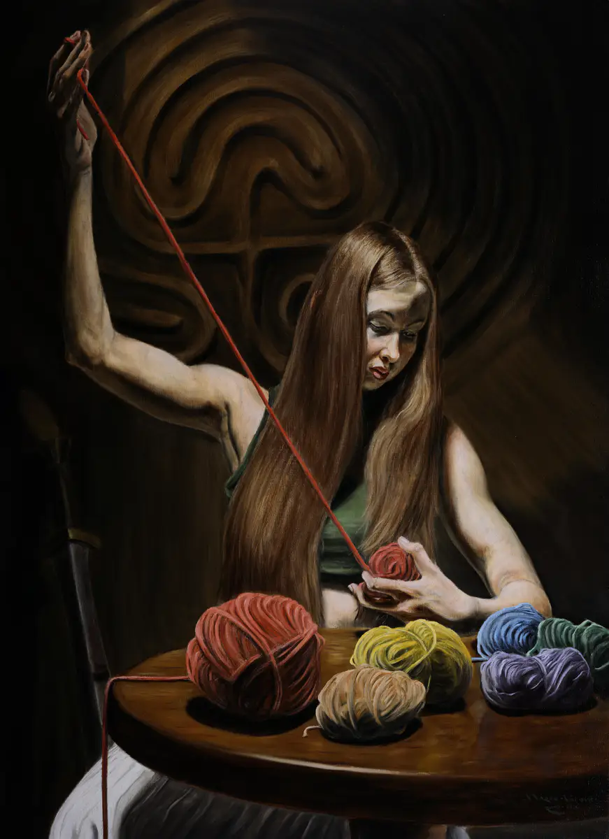 Ariadne's Thread | Marek Valovič . 110 x 80 cm | Oil & RSG Emulsion | 2024 . Contemporary portrait of Ariadne, red thread, labyrinth background, sword of Theseus, sun-thickened oil glazes.