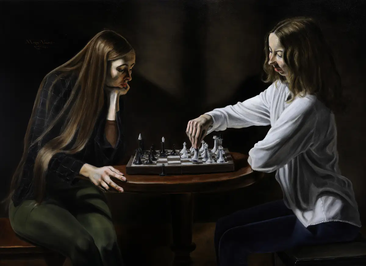 The Strategic Silence | Marek Valovič . 110 x 80 cm | Oil on Linen | 2023 . Two girls playing chess, circular table, piano stool, window light shadow on back wall, hand-primed acrylic seppo, deep Tenebrism.