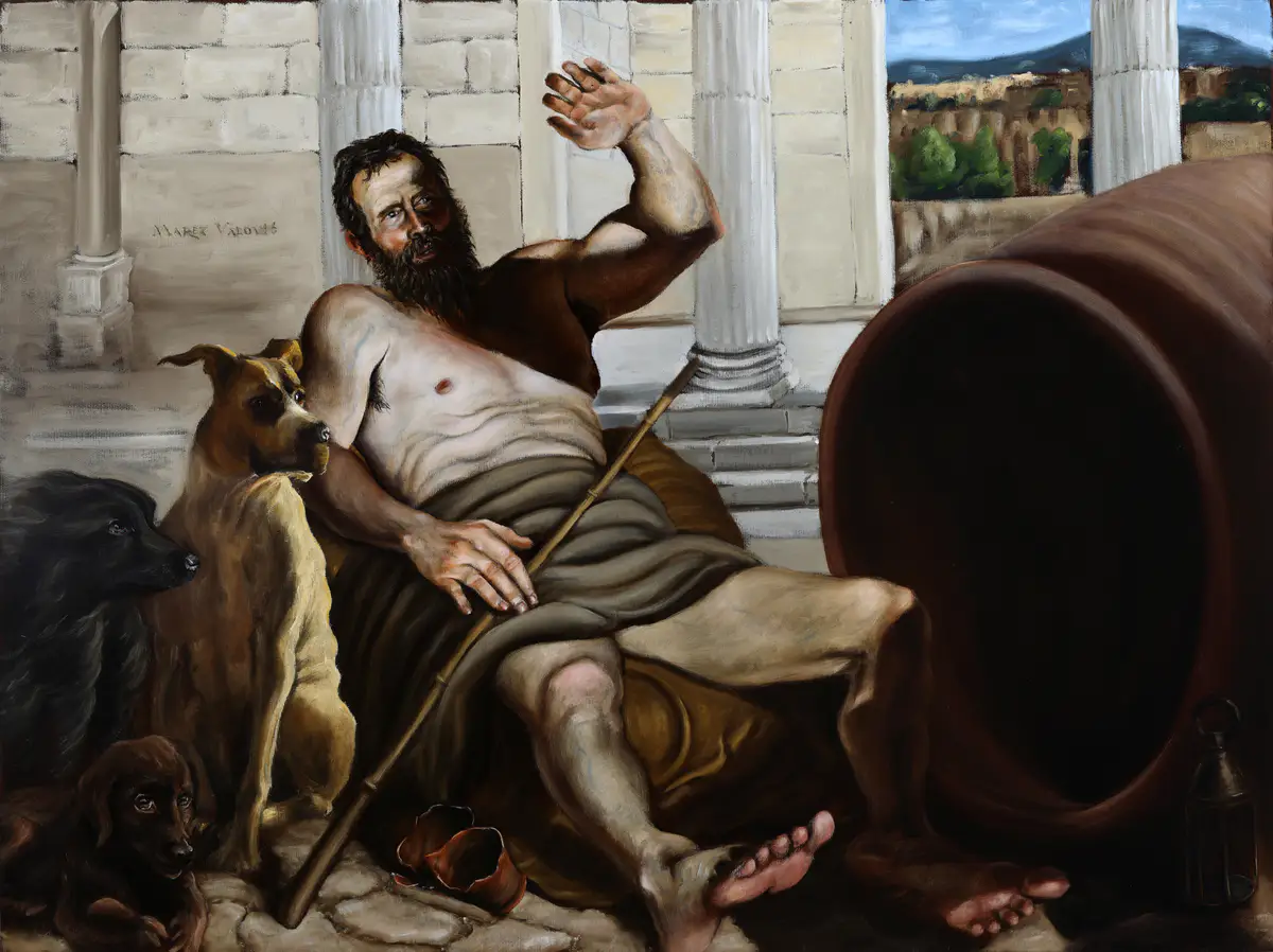 Diogenes in the Shadow of Alexander | Marek Valovič . 80 x 60 cm | Oil on Cotton Canvas | 2022 . Diogenes reclining by a pithos, shadow of Alexander the Great, three dogs, broken ceramic jug, ancient columns, wet-on-wet color blending.