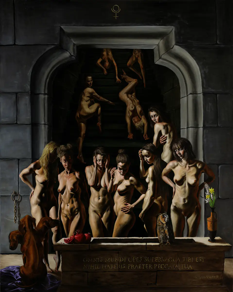 The Threshold of Tartarus | Marek Valovič . 200 x 160 cm | Oil on Canvas | 2025 . Monumental composition with 11 figures, Hades' owl of prophecy, Cerberus on royal purple, SiO2 texture mediums.
