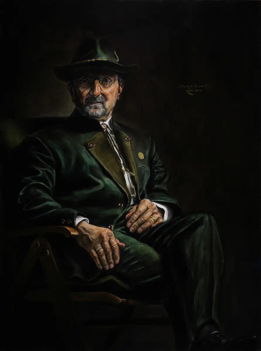 The Guardian of the Woods | Marek Valovič . 80 x 60 cm | Oil on Linen | 2024 . Portrait of a hunter in uniform, Rembrandt-style lighting, hat, crossed legs, visible hands, heavy green texture, Chiaroscuro.