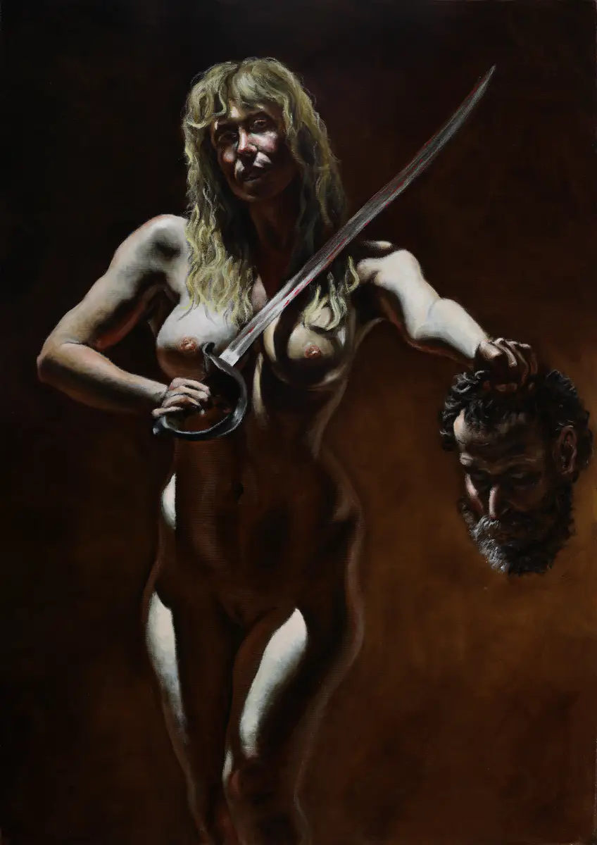 Judith and Holofernes | Marek Valovič . 70 x 50 cm | Oil on Cotton Canvas | 2022 . Tenebrist self-portrait as Holofernes, 20th-century officer's saber, dramatic top lighting, bloody blade.