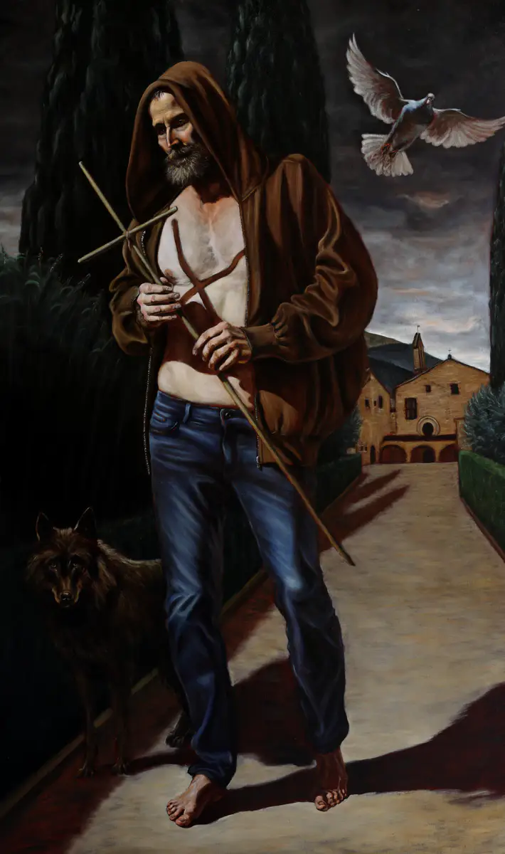 St Francis in Assisi | Marek Valovič . 180 x 110 cm | Oil on Linen | 2025 . Contemporary Saint Francis in a hoodie, the Wolf of Gubbio, flying dove, wooden cross, San Damiano church, Tenebrist lighting.