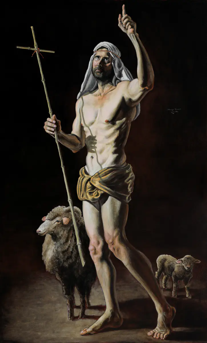 St John the Baptist | Marek Valovič . 180 x 110 cm | Oil on Linen | 2024 . Contemporary Saint John, camel skin loincloth, wooden cross, raised finger, lamb of God, emotional Tenebrism, Laropal & Regalrez finish.