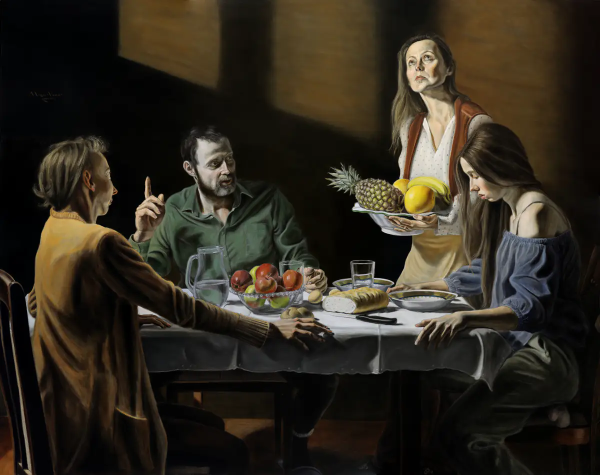 Supper at Emmaus | Marek Valovič . 200 x 160 cm | Oil on Linen | 2023 . Family portrait with wife and daughters, Caravaggio-inspired composition, still life with bread and fruit, side window lighting, multi-layered oil glazing.